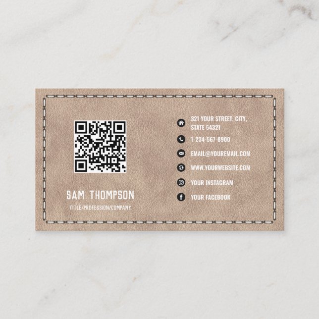 Beige Suede Leather Business QR Code Business Card (Front)