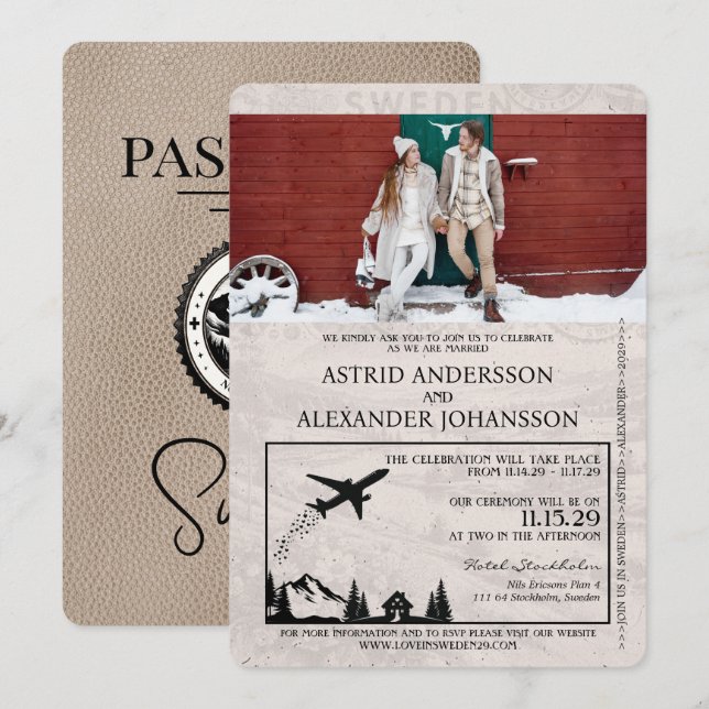 Beige Sweden Passport Wedding Invitation (Front/Back)
