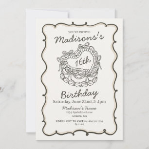 Beige Sweet 16 Heart Coquette Cherry Cake Birthday Invitation