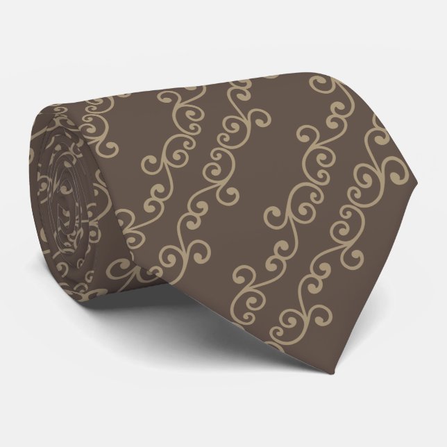 Beige Swirl Vector Pattern on Brown Neck Tie (Rolled)