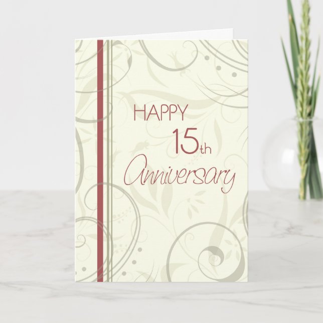 Beige Swirls Happy 15th Wedding Anniversary Card (Front)