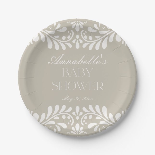 Beige Talavera Tile Spanish Fiesta Baby Shower Paper Plates (Front)