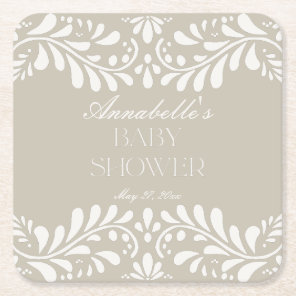 Beige Talavera Tile Spanish Fiesta Baby Shower Square Paper Coaster