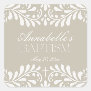 Beige Talavera Tile Spanish Fiesta Baptism Favor Square Sticker