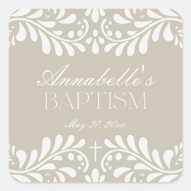 Beige Talavera Tile Spanish Fiesta Baptism Favor Square Sticker (Front)