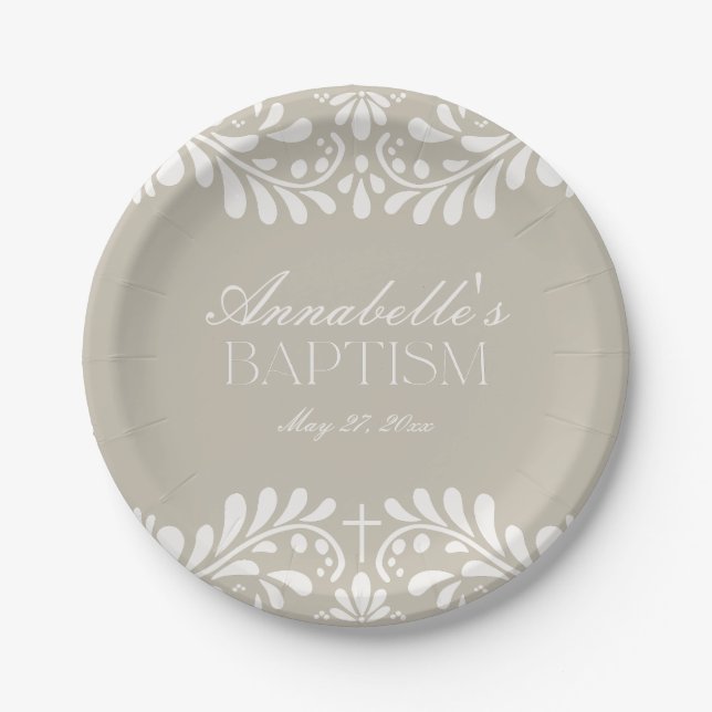 Beige Talavera Tile Spanish Fiesta Baptism Paper Plates (Front)
