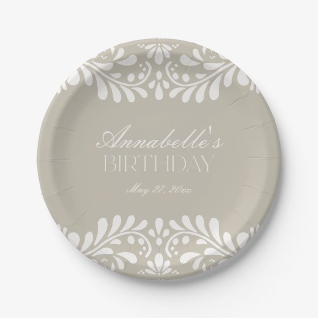 Beige Talavera Tile Spanish Fiesta Birthday Paper Plates (Front)