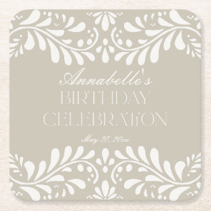 Beige Talavera Tile Spanish Fiesta Birthday Party Square Paper Coaster