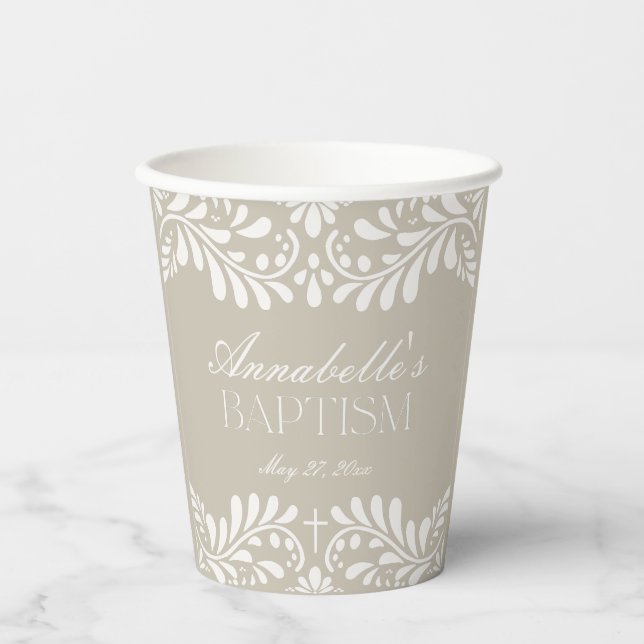 Beige Talavera Tile Spanish Style Fiesta Baptism Paper Cups (Front)