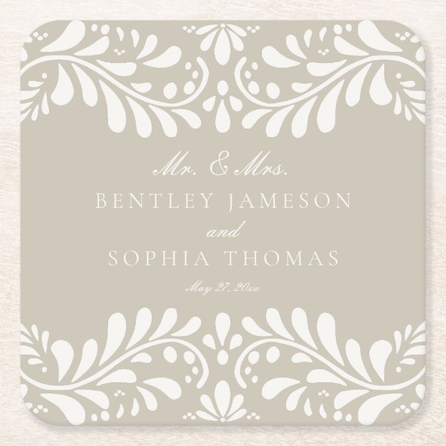 Beige Talavera Tile Spanish Style Fiesta Wedding Square Paper Coaster (Front)