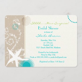 Beige Tan Aqua Beach Surprise Bridal Shower Invitation by BridalHeaven at Zazzle