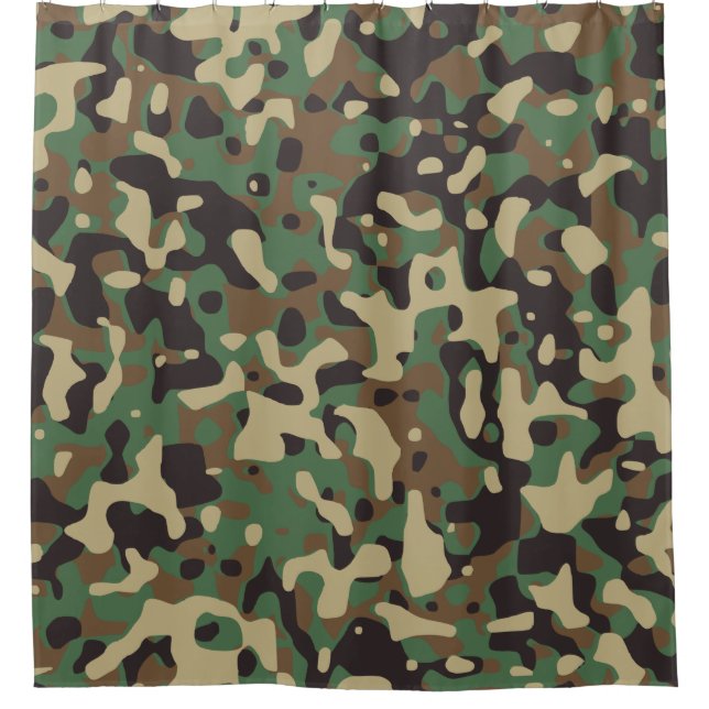 Beige, Tan Brown, Green, Dark Gray Camo Camouflage Shower Curtain (Front)