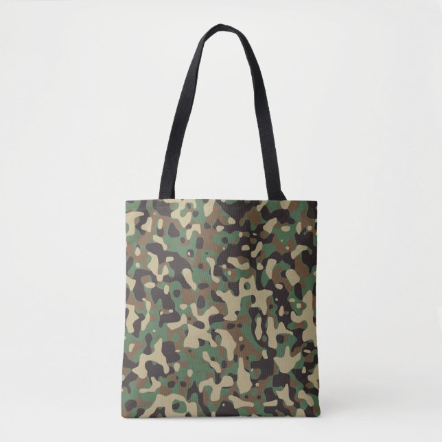 Beige, Tan Brown, Green, Dark Gray Camouflage Tote Bag (Front)