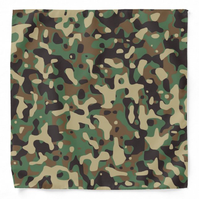 Beige, Tan Brown, Green, Gray Woodland Camouflage Bandana (Front)