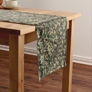 Beige, Tan Brown, Green, Gray Woodland Camouflage Long Table Runner