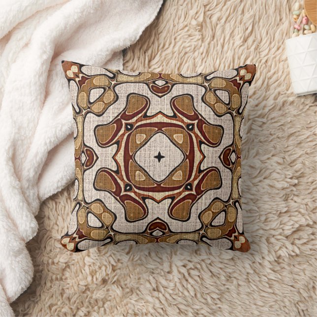 Beige Tan Dark Red Brown Bohemian Art Pattern Throw Pillow (Blanket)