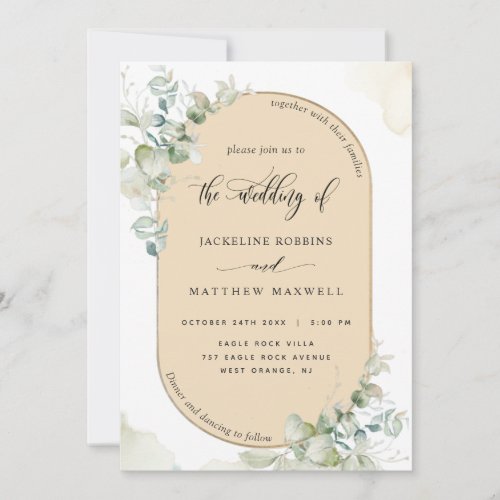 Beige Tan Eucalyptus Oval Arch Greenery Wedding Invitation