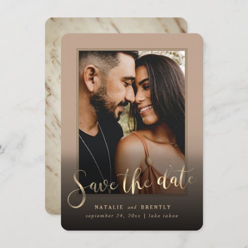 Beige Tan Gold Script  Marble Photo Overlay Save The Date