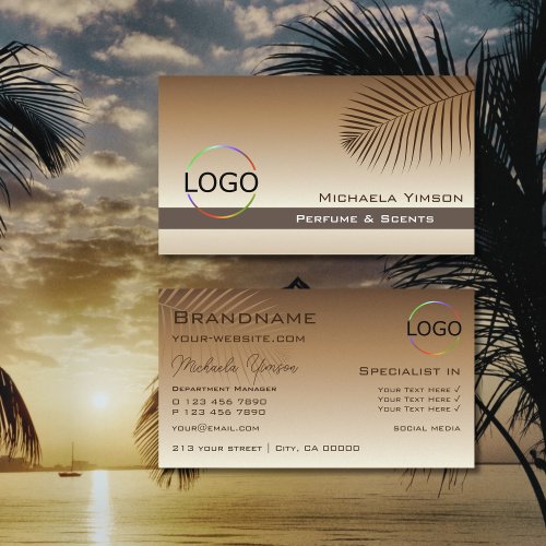 Beige Tan Gradient and Palm Leaf with Logo Stylish Business Card
