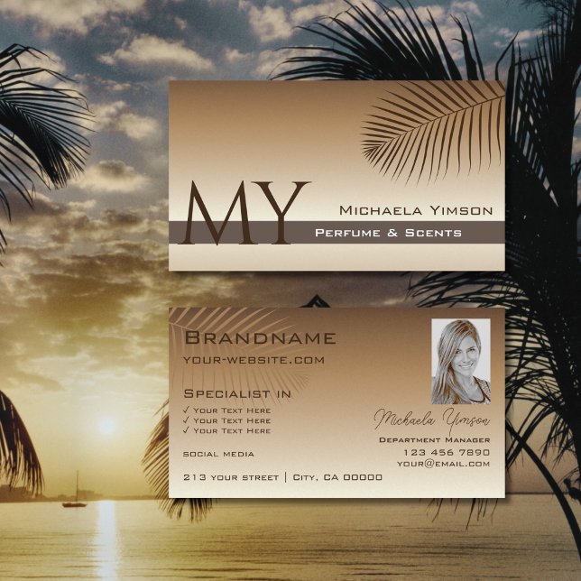 Beige Tan Gradient Palm Leaf Monogram and Photo Business Card (Creator Uploaded)