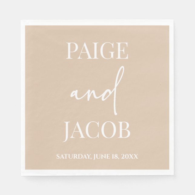 Beige Tan Minimal Minimalist Custom Names Wedding Napkins (Front)