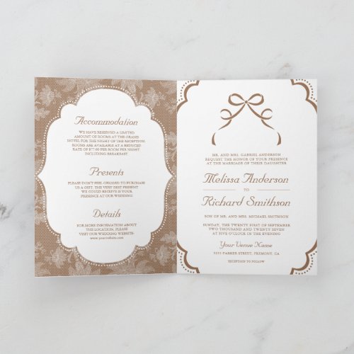 Beige Tan White Lace Coquette Bow QR Code Wedding Invitation