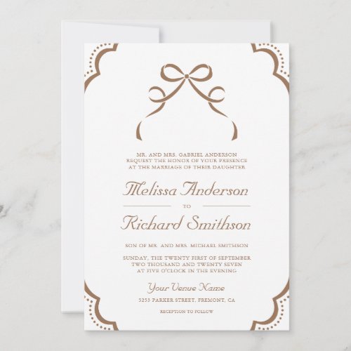 Beige Tan White Lace Coquette Bow QR Code Wedding Invitation