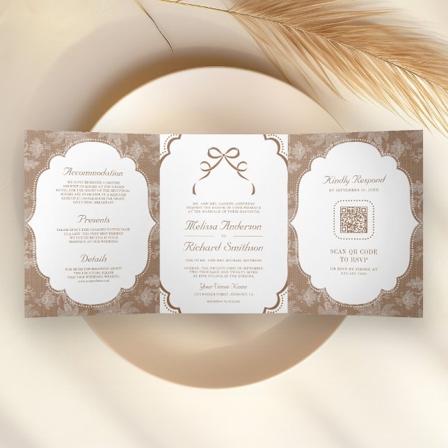 Beige Tan White Lace Coquette Bow QR Code Wedding Tri-Fold Invitation (Creator Uploaded)