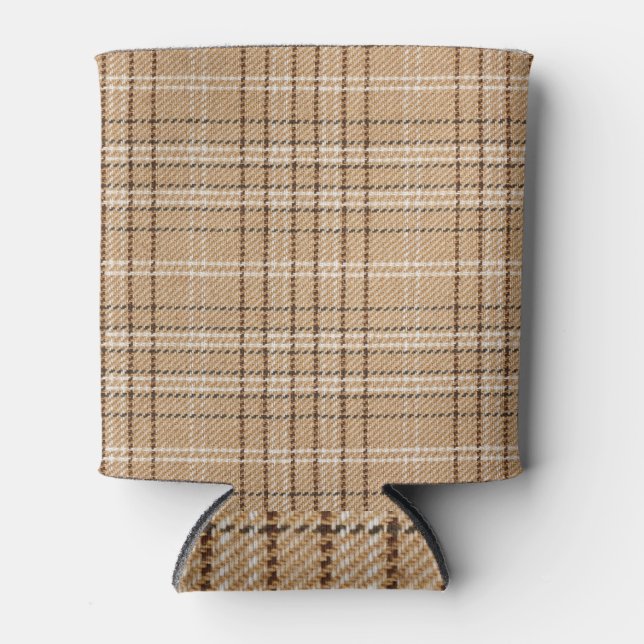 Beige Tartan: Classic Plaid Weave. Can Cooler (Front)