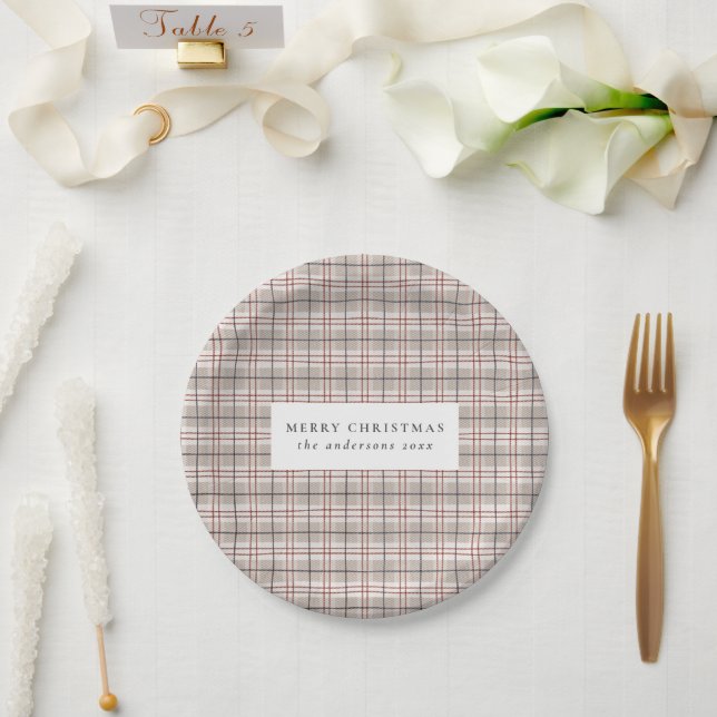 Beige Tartan Plaid Christmas Paper Plates (Wedding)