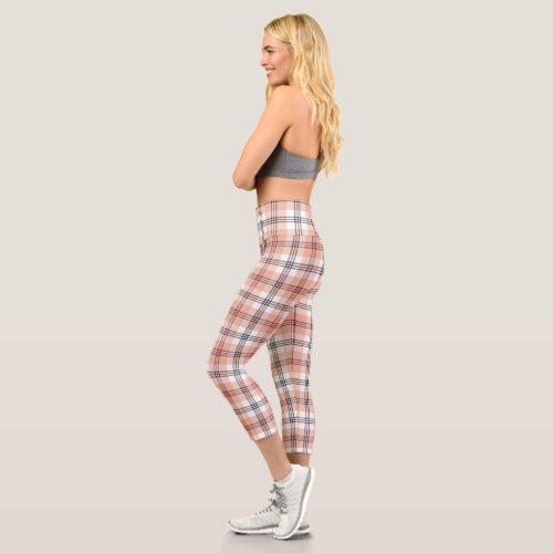 Beige Tartan Plaid Pattern Capri Leggings