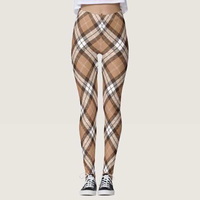 Beige Tartan Plaid Scottish Argyle Pattern Leggings (Front)