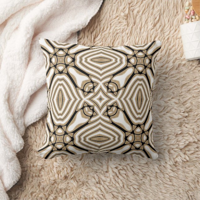 Beige Taupe Brown Black White Bohemian Tribe Art Throw Pillow (Blanket)