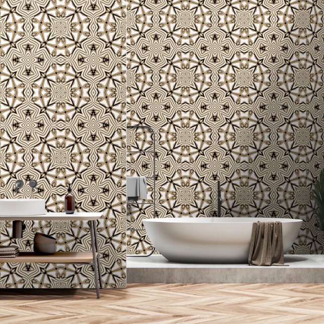 Beige Taupe Brown Black White Bohemian Tribe Art Wallpaper (Bathroom)