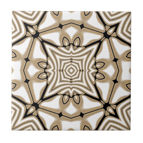Beige Taupe Brown Black White Ethnic Tribe Art Ceramic Tile