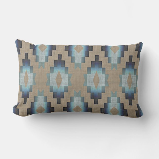 Beige Taupe Brown Dark Blue Gray Tribal Art Lumbar Pillow (Front)