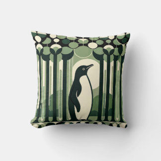 Beige Taupe Geometrical Retro 70s Penguin Forest Throw Pillow