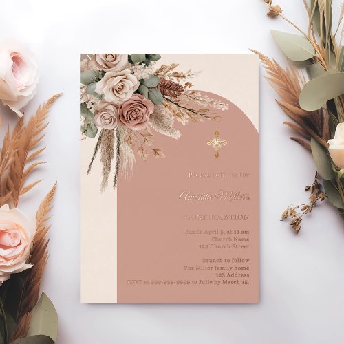 Beige taupe ivory roses pampas arch Confirmation