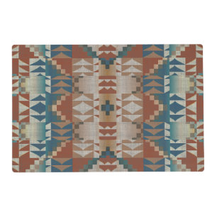 Beige Taupe Red Brown Teal Blue Tribal Art Pattern Placemat