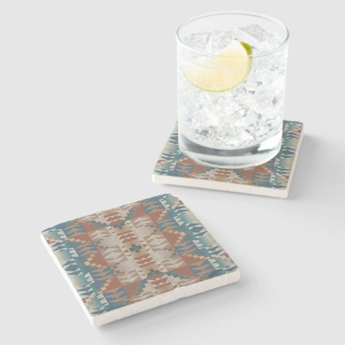 Beige Taupe Red Brown Teal Blue Tribal Art Pattern Stone Coaster