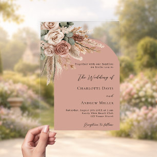 Beige taupe roses pampas arch clear wedding acrylic invitations
