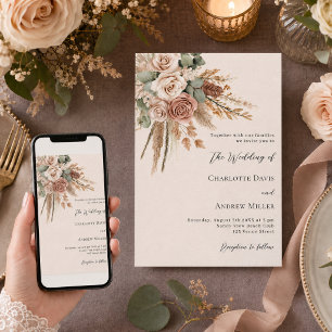 Beige taupe roses pampas grass luxury wedding invitation