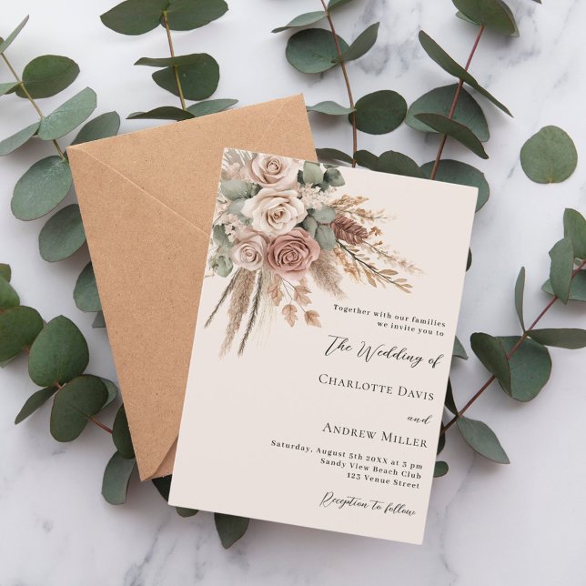Beige taupe roses pampas grass luxury wedding invitation (Creator Uploaded)