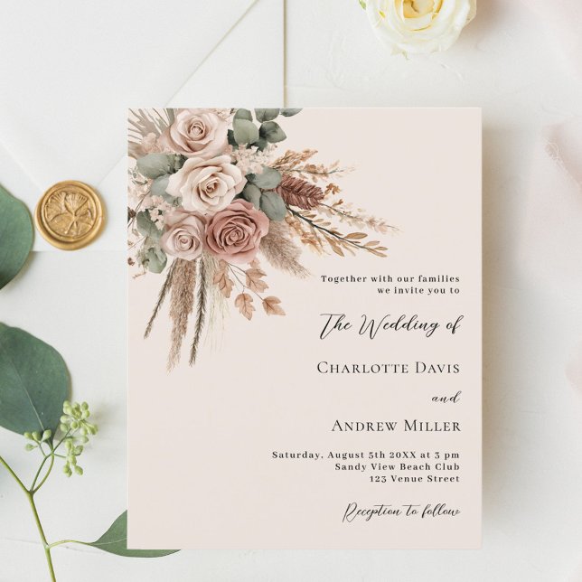 Beige taupe roses pampas grass wedding invitation (Creator Uploaded)