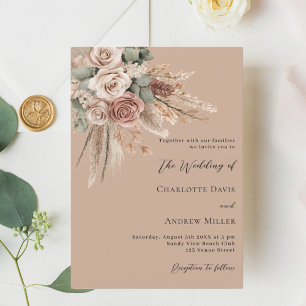 Beige taupe roses pampas greenery luxury wedding invitation