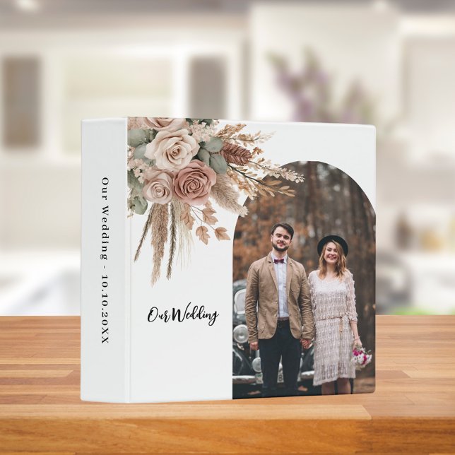 Beige taupe roses pampas photo arch wedding album 3 ring binder (Creator Uploaded)
