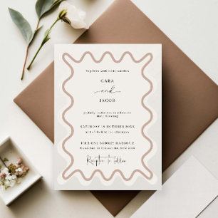 Beige Taupe Wavy Border Wedding Invitation