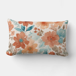 Beige, teal and rust soft watercolor floral lumbar pillow