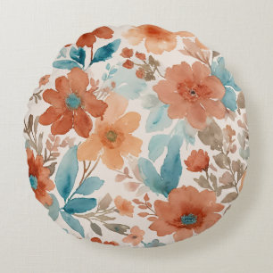 Beige, teal and rust soft watercolor floral round pillow