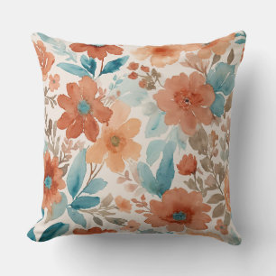Beige, teal and rust soft watercolor floral throw pillow
